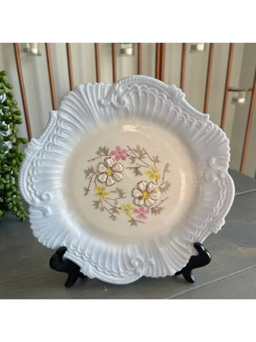 Vintage Decorative Porcelain Plate Blue Floral Center Scalloped Molded Edges